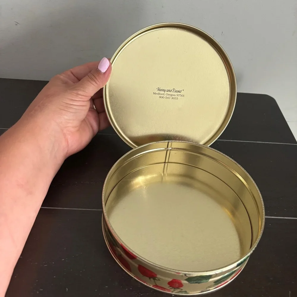 Harry and David Strawberry Print Round Gold Metal Decorative Storage Tin 6x2